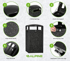 Alpine Outdoor Commercial Trash Can with Lid - 40 Gallon Heavy Duty Metal Garbage Can with Removable Bin, Locking Lid for a Modern Look in Park, Mall & High Traffic Areas - Black, Grey Stone Panels