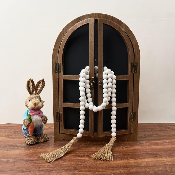 OMISHE 59in Wood Bead Garland with Tassels, Decorative Beads, Farmhouse Wooden Beads Garland for Wall Hanging Home Festival Decor, White