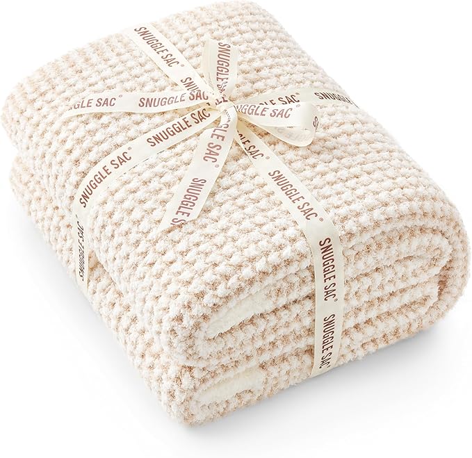 Snuggle Sac Cream Waffle Throw Blanket for Couch Bed Sofa 50x60 inches, Reversible Beige Blanket Microfiber Fluffy Fuzzy Cozy Knit Soft Throws for Women Mothers Birthday Gifts