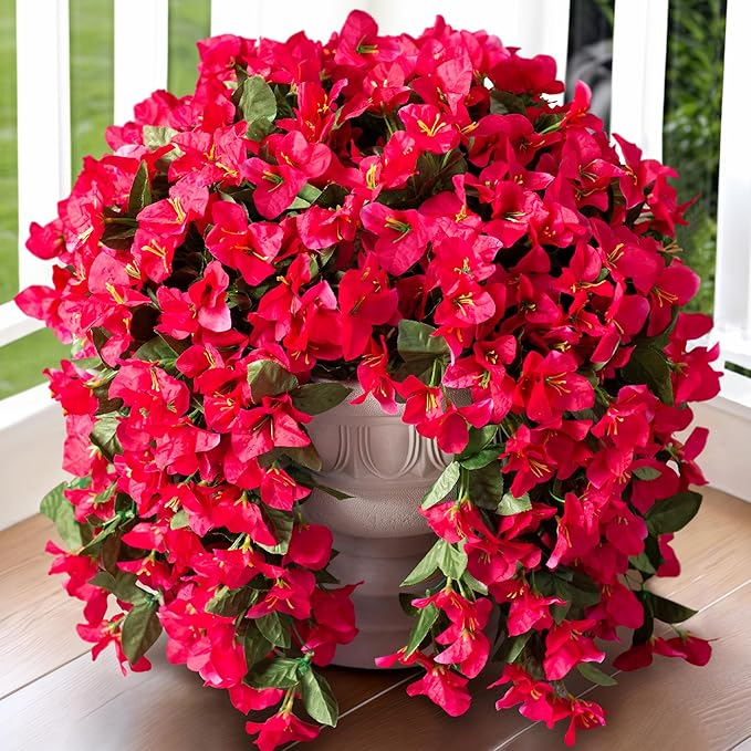 Artificial Bougainvillea Faux Flowers Plants Baskets for Outdoor Outside Summer Decoration, 3 PCS Fake Silk Long Hanging Vines UV Resistant Realistic for Front Door Porch Patio Balcony, Hotpink