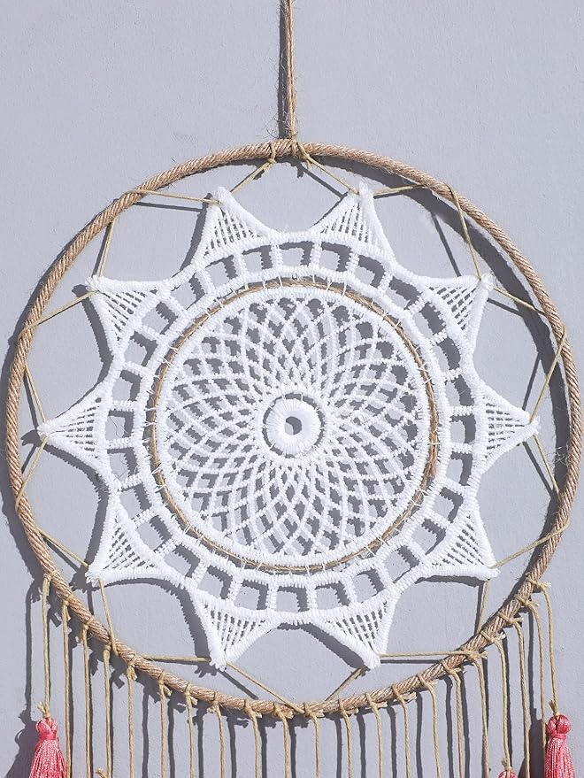 Artilady Macrame Dream Catchers for Bedroom - Tassel Wall Hanging Handmade Dreamcatchers Home Decor with Tassel Feather Ornament Craft Blessing Gift (Pink)