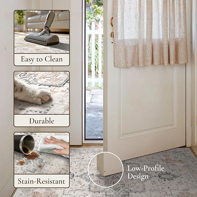 GENIMO 6x8 Area Rugs for Living Room, Non Slip Machine Washable Vintage Rugs, Low Pile Lightweight Chenille Print Large Rug for Bedroom, Dining Room, Home Office, Light Taupe Brown