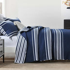 Y-PLWOMEN Queen Quilt Set - 100% Cotton Queen Quilt, Navy Blue Striped Quilt for Queen Bed, Lightweight Reversible Queen Size Bedspread for All Season, 3-Piece