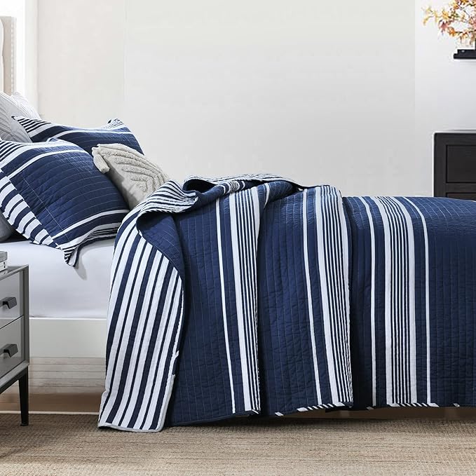 Y-PLWOMEN Queen Quilt Set - 100% Cotton Queen Quilt, Navy Blue Striped Quilt for Queen Bed, Lightweight Reversible Queen Size Bedspread for All Season, 3-Piece