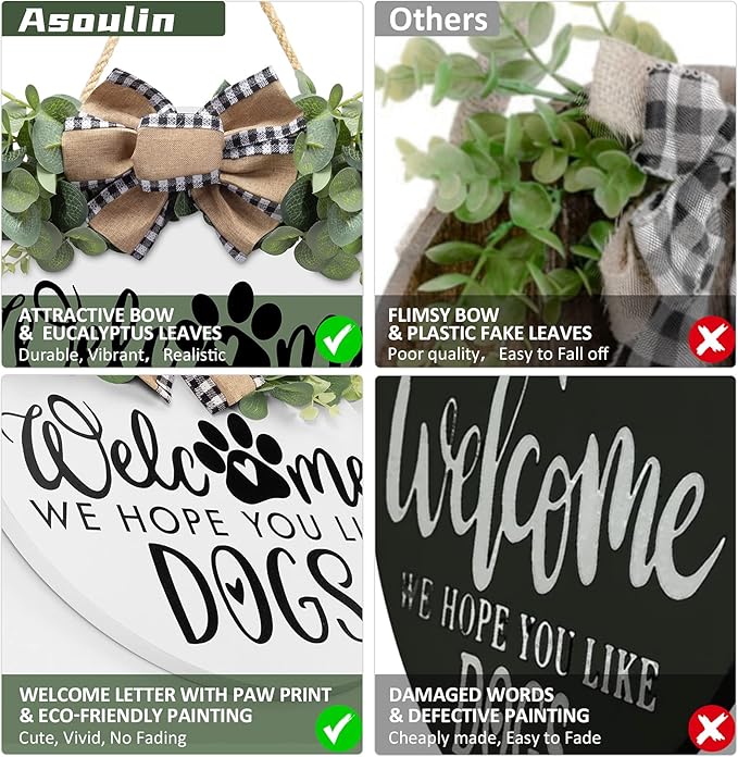 Asoulin Welcome Wreath 'We Hope You Like Dogs' Spring Decor Farmhouse Door Sign for Front Door Decor - Welcome Wreath Hanging Sign for Dogs Lovers Housewarming Gift