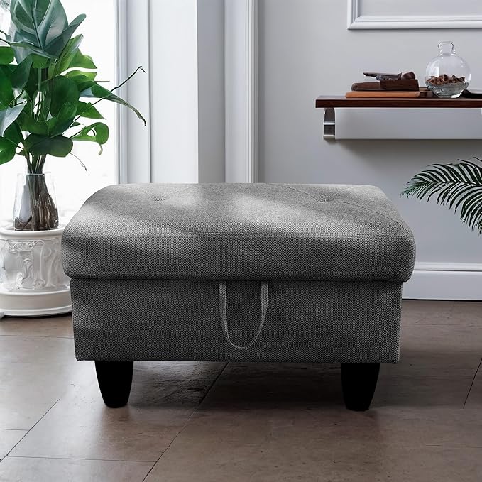 Ottoman Rectangular Storage Ottoman Bench, Flannel Footrest Stool Footstool with Lid for Living Room, Bedroom, Entryway, Black Gray, 28.5"x19"x17.5"