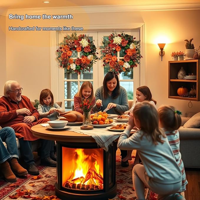 Fall Wreaths for Front Door 24 Inch with Realistic Pumpkin Hydrangea Peony Dahlia Flower, Thanksgiving Harvest Autumn Wreath for Indoor Outdoor Decor, Rustic Farmhouse Seasonal Decoration