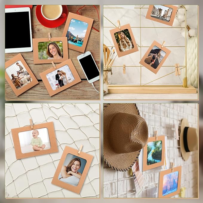 Janlaugh 100 Pcs Paper Photo Frames 4x6 Kraft Paper Picture Frame with 100 Clip 10 String Kit DIY Hanging Cardboard Photo Holder Back to School Wall Decor Wedding Home