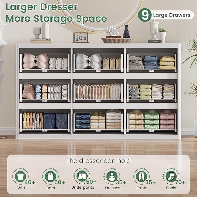 White 9 Drawers Dresser, 57" Wide Fluted Dresser for Bedroom, Modern Chest of Drawers with Curved Profile, Handleless, Wooden TV Stand with Organizer Storage for Living Room, Entryway