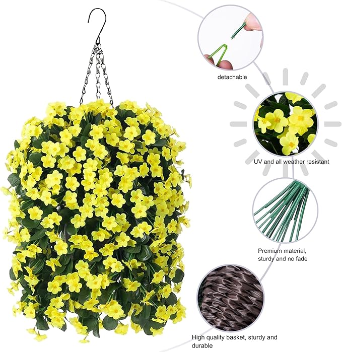 HyeFlora Artificial Fake Hanging Outdoor Flowers Plants Basket, Faux Silk Yellow Orchid Flowers UV Resistant Realistic Hanging Planter for Outside Porch Patio Home Garden Yard Decoration
