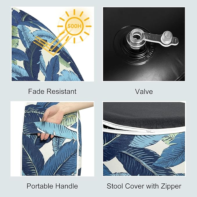 LVTXIII Inflatable Stool Ottoman Footrest with Handle, All Weather Foot Rest, Indoor or Outdoor Use for Home Patio Garden and Camping, D21 x H9, Swaying Palms Blue