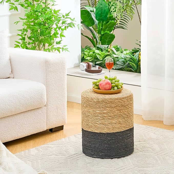 Wimarsbon Natural Seagrass Foot Stool, Hand Weaving Round Ottoman, for Living Room, Outdoor Seat (Natural & Black)