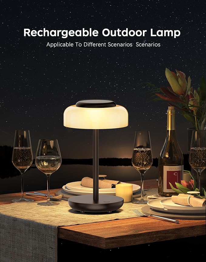 QiMH Battery Operated LED Table Lamp, 5000mAh Rechargeable Cordless Lamp, Stepless Dimmable Touch Control, Small Waterproof Desk Night Light for Living Room, Bedroom, Outdoor Bar (Black)