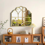 Window Mirror Pane Scalloped, Wide Arched Gold Mirrors Decorative, Cathedral Arch Wall Decor with Metal Windowpane Grid for Mantle Entryway Fireplace Hallway Living Room