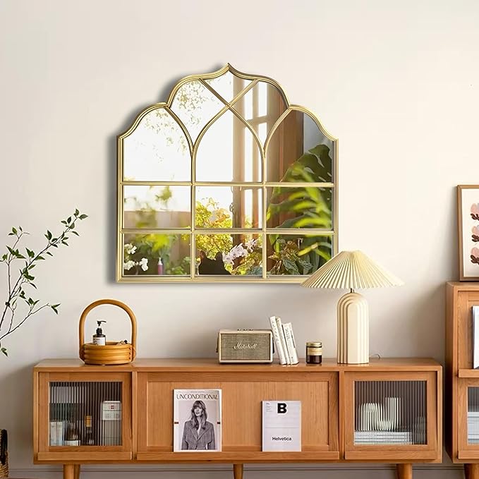 Window Mirror Pane Scalloped, Wide Arched Gold Mirrors Decorative, Cathedral Arch Wall Decor with Metal Windowpane Grid for Mantle Entryway Fireplace Hallway Living Room
