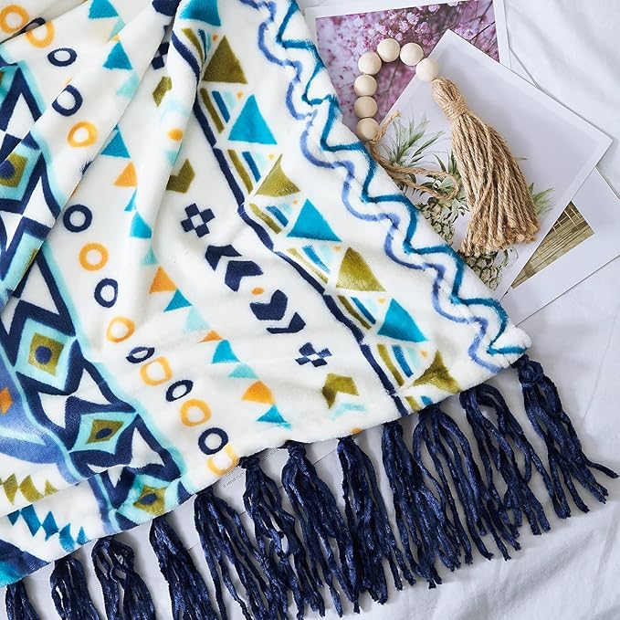 CASAAGUSTO Boho Throw Blanket - Blue and White Decorative Blankets with Tassel, Printed Flannel Bohemian Blanket for Chair, Bed, Sofa, Couch(50 * 60, Blue and White)