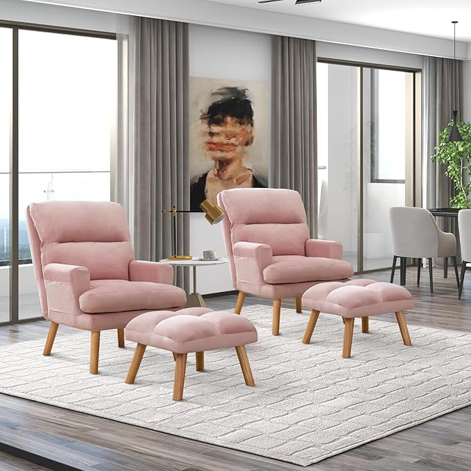 CANMOV Modern Accent Chair with Ottoman Set of 2, Soft Fabric Armchair with Adjustable Backrest and Side Pockets, Comfy Lounge Chair for Living Room, Bedroom, Apartment, Office, Pink