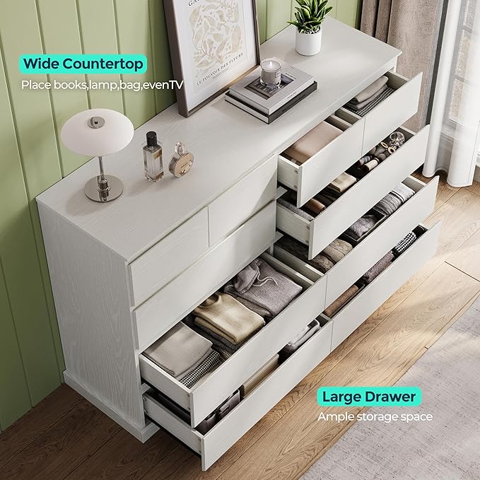 LINSY HOME 10 Drawer Dresser for Bedroom, 53" Wide Chest of Deep Drawers, Modern Farmhouse Wood Dressers with Storage, Large Drawer Organizer for Bedroom, Living Room, Handless Design, White