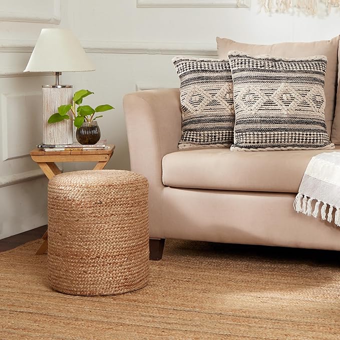 REDEARTH · Cylindrical Pouf Ottoman - Braided Pouffe Accent Sitting Round Footrest for Living Room, Bedroom, Nursery, kidsroom, Patio, Gym; 100% Jute (14.5"X14.5"X16"; Natural)