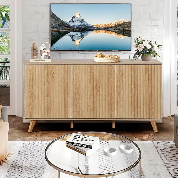 Fluted Sideboard Buffet Cabinet with Storage, Modern Storage Cabinet with 3 Doors, Wood Credenza Buffet Sideboards, Bar Cabinets Console Table for Kitchen Dining Living Room Entryway (Natural)
