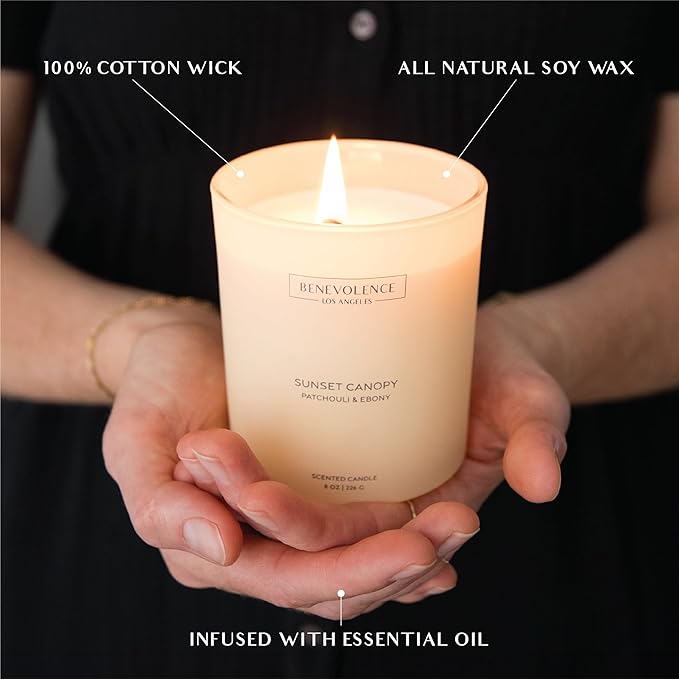 Patchouli & Ebony – Benevolence LA Scented Candle | 8oz, 45-Hour Burn | Natural Soy Wax, Cotton Wick | Warm & Grounding Home Fragrance | Malibu Sands Collection – Gift for Women & Men