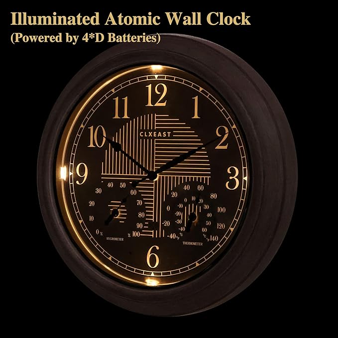 CLXEAST 18 Inch Farmhouse Illuminated Outdoor Atomic Wall Clock with Thermometer & Hygrometer Combo, Night Lighted Wall Clock with Smart Sensor, Weather Stations,Brushed Grey Oak Finish