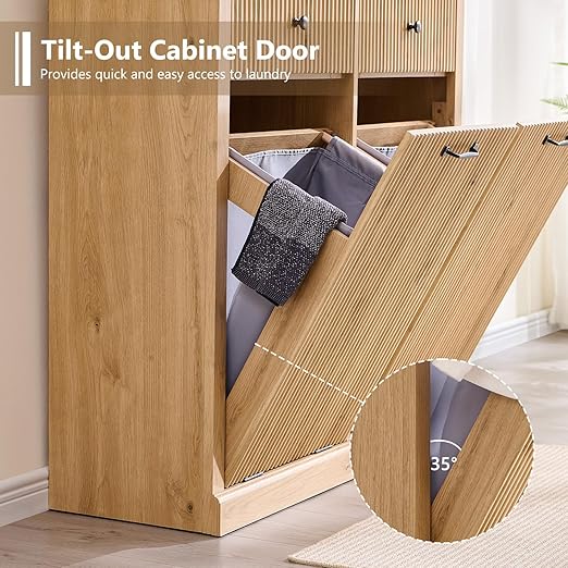 Modern Double Tilt-Out Trash Cabinet, 20 Gallon Fluted Laundry Hamper Cabinet with 2 Drawers, Wooden Hidden Garbage Can Cabinet with Storage Basket for Kitchen & Living Room, Natural Oak