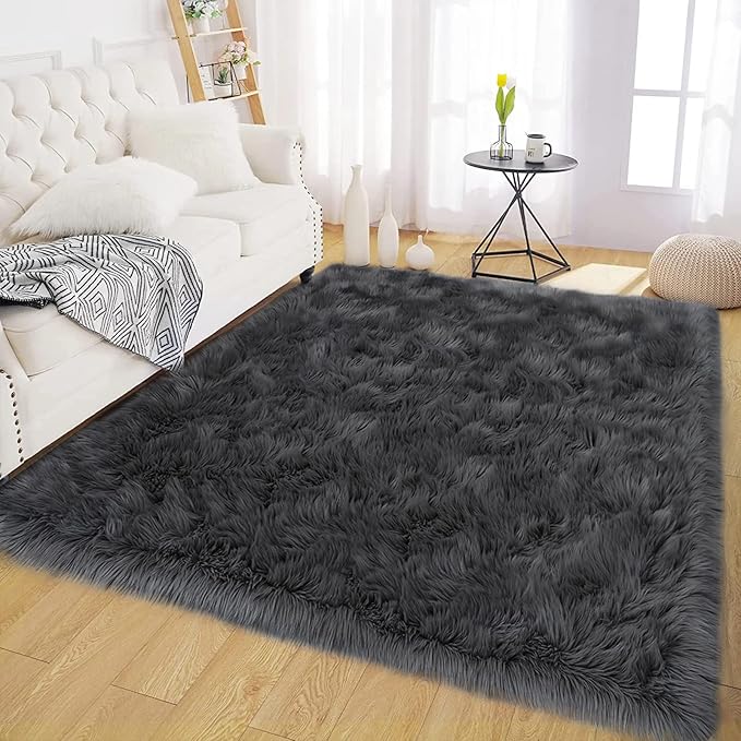 Latepis 5x8 Dark Grey Area Rug for Sofa Floor Bedroom Rugs Living Room Rugs Fluffy Fuzzy Rug for Entertainment Room Luxury Home Decor