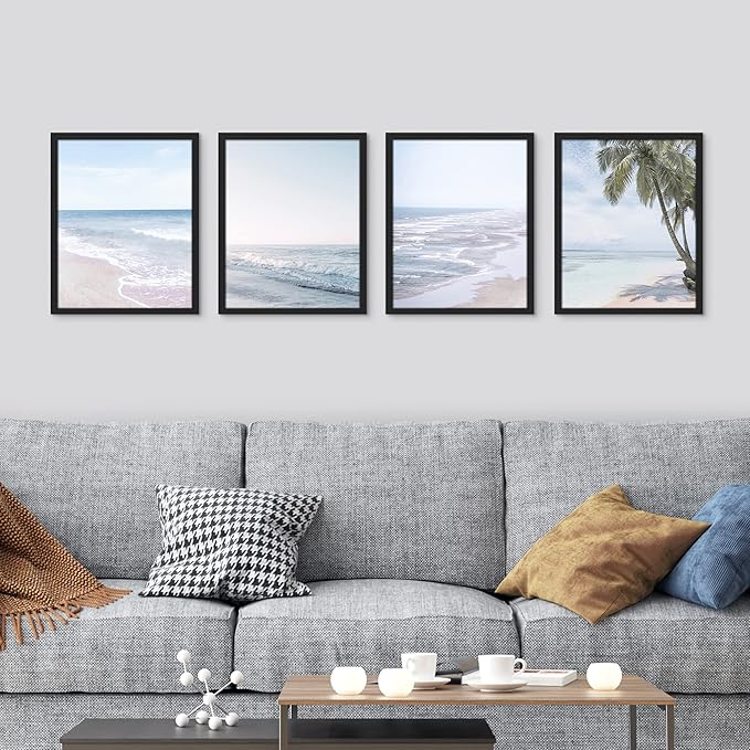 SIGNWIN Framed White Pastel Tropical Island Ocean Beach Shore Wall Art, Set of 4 Landscape Colorful Wall Decor Prints, Nature Wilderness Wall Décor for Living Room, Bedroom - 12"x16" Black