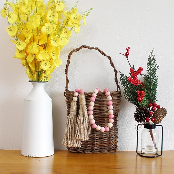 CVHOMEDECO. Wood Beads Garland with Tassels Farmhouse Rustic Wooden Prayer Bead String Wall Hanging Accent for Home Festival Decor. Pink Mix Distressed