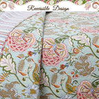 Cozy Line Home Fashions Blooming Red White Floral 100% Cotton Reversible Quilt Bedding Set, Coverlet Bedspread (Camellia Green, Queen - 3 Piece)