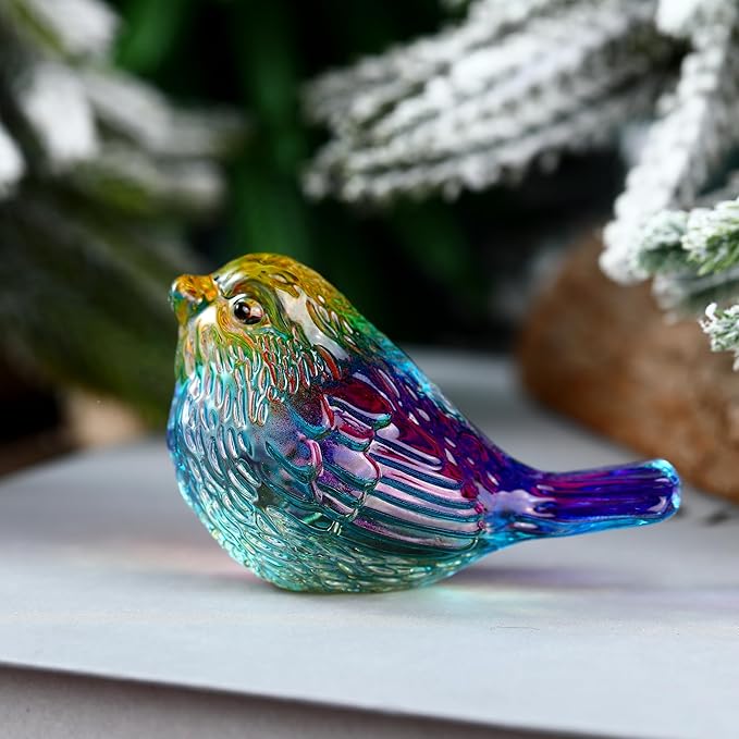 Crystal Glass Bird Figurines Glass Robin Bird Decoration Paperweight Hand Blown Glass Art Animal Collectible Figurines Gift for Women (Colorful)
