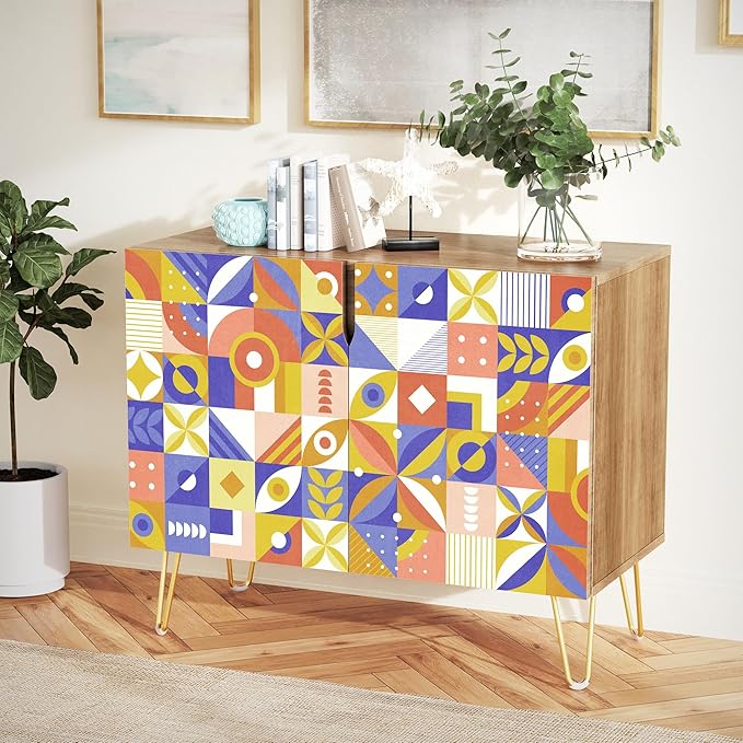 SIGNWIN Sideboard Buffet Cabinet, Kitchen Storage Cabinet with 2 Doors, Mid-Century Retro Vibrant, Cupboard Console Table for Dining Room - 35" L x 18" W x 29" H