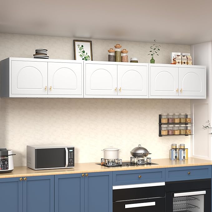 Wall Cabinet with Doors, Small Hanging Cabinet for Kitchen Pantry, Metal Overhead Cabinets for Dining, Living Room, Bathroom, 16" D x 32" W x 15" H, White, Assembly Required