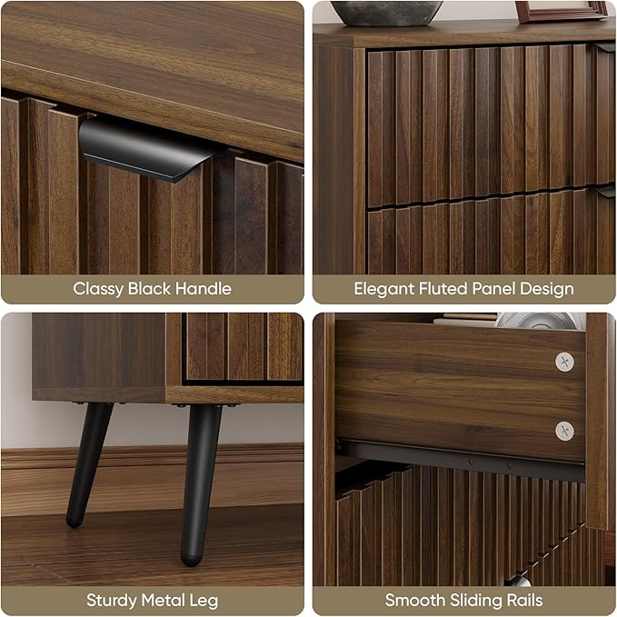 Fluted 3 Drawers Dresser, 31.5“ W Mid- Century Modern Wooden Chest of Drawers, Large Night Stand Organizer for Bedroom, Closet, Hallway, Entryway, Walnut