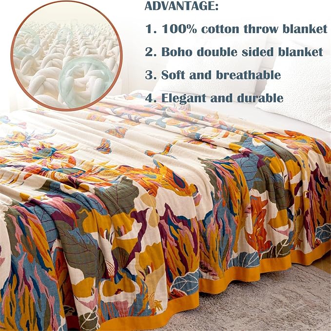 MSGKV Boho Throw Blanket 60''x80'',100% Cotton Blankets for Couch Bed,Cotton Quilt Travel Muslin Blankets Farmhouse Home Decor Soft Lightweight Picnic Blanket