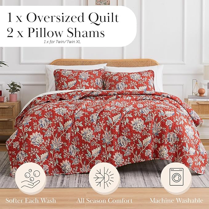 Southshore Fine Living, Inc. Oversized Full/Queen Quilt Bedding Set, Jacobean Willow Floral Quilt Set Queen or Full Size with 2 Matching Pillow Shams, Lightweight Bedspread, Soft and Cozy, Red