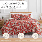 Southshore Fine Living, Inc. Oversized Full/Queen Quilt Bedding Set, Jacobean Willow Floral Quilt Set Queen or Full Size with 2 Matching Pillow Shams, Lightweight Bedspread, Soft and Cozy, Red