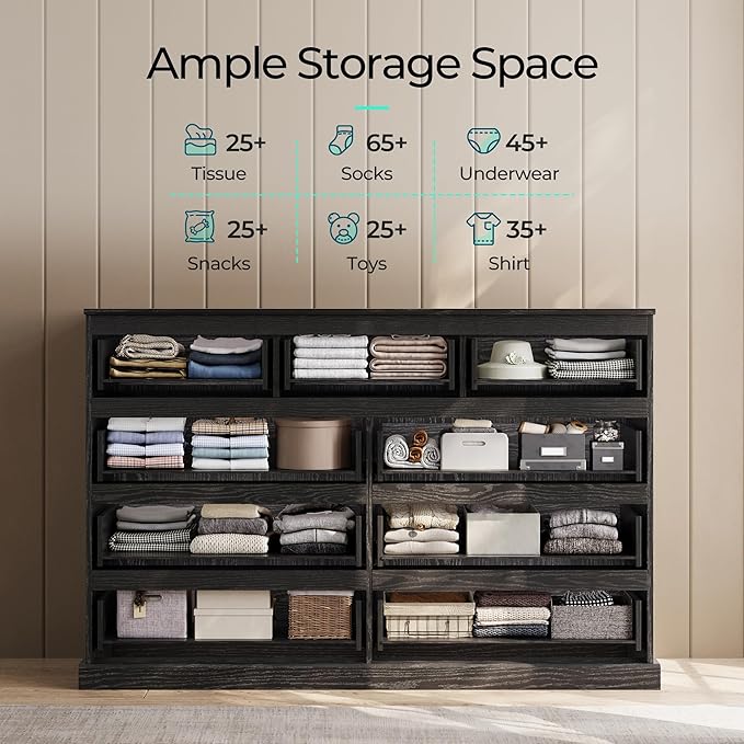 LINSY HOME 9 Drawer Dresser for Bedroom, 53" Wide Chest of Deep Drawers, Modern Farmhouse Wood Dressers with Storage, Large Drawer Organizer for Bedroom, Living Room, Handless Design, Black