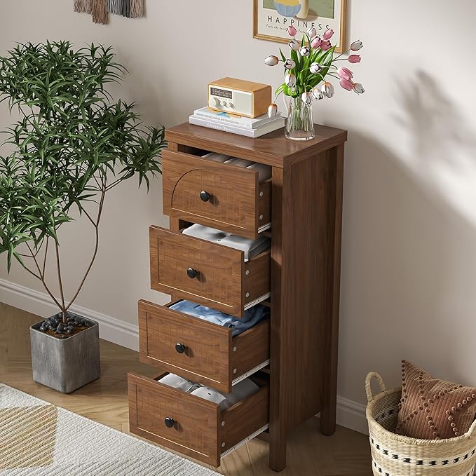 4 Drawer Dresser for Bedroom Set of 2, 36.81''Tall Modern Chest of Drawers with Fluted Panel, Wood Storage Dresser Organizer with Deep Drawers for Nursery Living Room Hallway (2, Walnut)