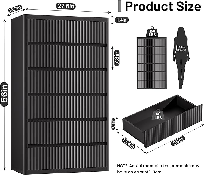 Black 56" Tall Dresser for Bedroom, Fluted Modern 6 Drawers Deep Dressers, Wood Chest of Drawers with Handleless, Curved Profil Storage Closet Dressers for Bedroom, Living Room, Hallway