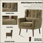 Accent Chair, Comfy Upholstered Living Room Chairs with High Tufted Backrest and Pillow, Wingback Reading Chair with Solid Wood Legs for Bedroom/Office, Chenille Fabric, Olive Green