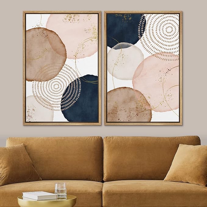 SIGNFORD Framed Wall Art Print Set Pastel Watercolor Vibrant Circle Collage Abstract Shapes Illustrations Modern Minimalist Relax/Calm Multicolor for Living Room, Bedroom, Office - 24"x36"x2 Natural
