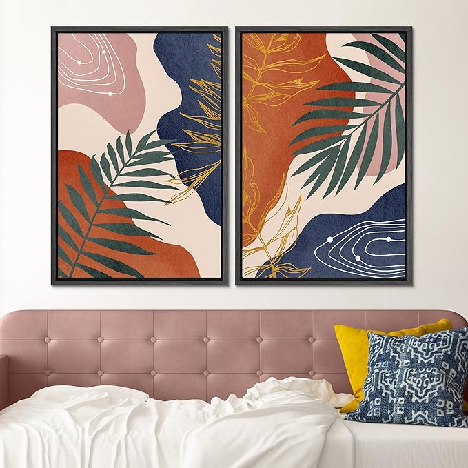 SIGNFORD Framed Canvas Print Wall Art Set Retro Mid-Century Geometric Forest Plants Abstract Shapes Illustrations Modern Art Decorative Bohemian for Living Room, Bedroom, Office - 24"x36"x2 Black