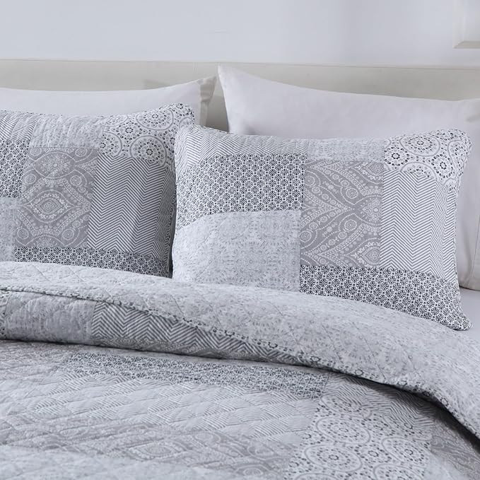 Secgo Queen Comforter Set for Bed - 100% Cotton Quilts Queen Size, Black Bedspreads (90 * 98 Inch) with 2 Pillow Shams, Patchwork Reversible Lightweight Bedding