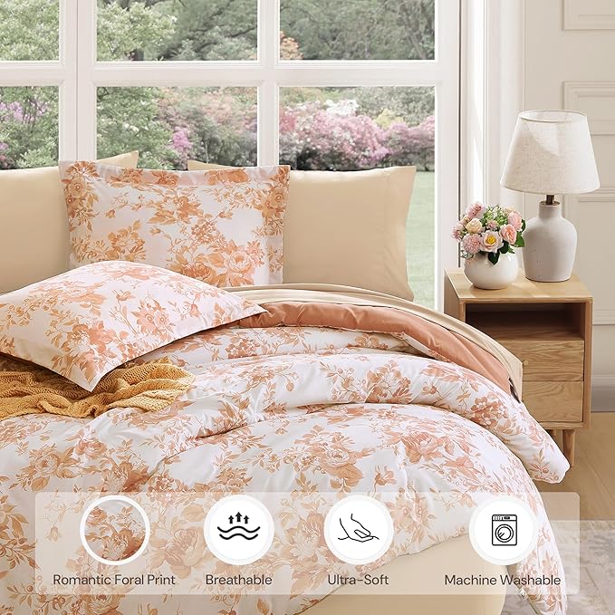 King Comforter Set -7 Pieces Autumn Leaf Floral Comforter Set for All Seasons, Bed in a Bag King with Botanical Flowers Comforter, Sheets, Pillowcases & Shams