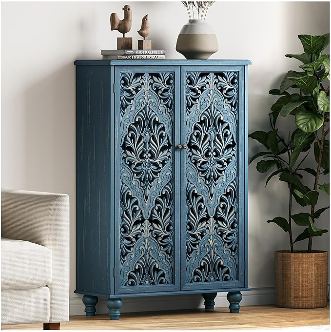 47" Tall Accent Cabinet with Doors and Shelves, Storage Cabinet with Solid Wood Legs for Living Room,Entryway,Dining Room,Bedroom,Blue
