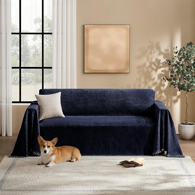 MaymissCouch Cover for Dogs Sectional Sofa Covers Washable for 2 Cushion Couch, Chenille Couch Cover Blanket, Sectional Sofa Slipcovers, Multi-Use Furniture Protector for Kids, Pets, 71" X134", Navy