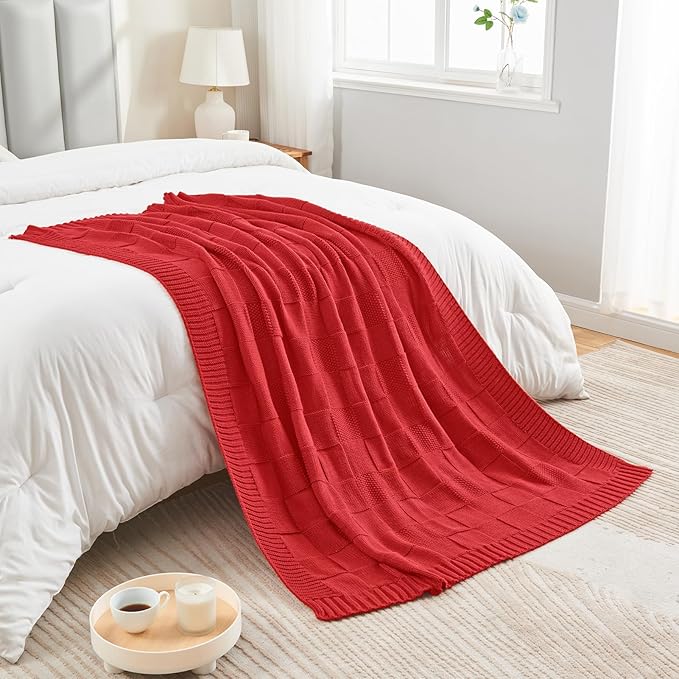 CozeCube Knit Throw Blanket,Christmas Red Checkered Bedroom Blanket for Couch,Soft Cozy Warm Knitted Blanket for Bed Sofa Living Room,Decorative Spring Fall Throw Blanket 60"X80",Christmas Red