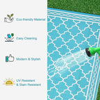 GAOMON Outdoor Rug for Patio 5'x8' Reversible Plastic Rugs Camping Mat for Outdoor, RV, Backyard, Deck, Balcony, Picnic, Beach, Teal/White(Geometric)